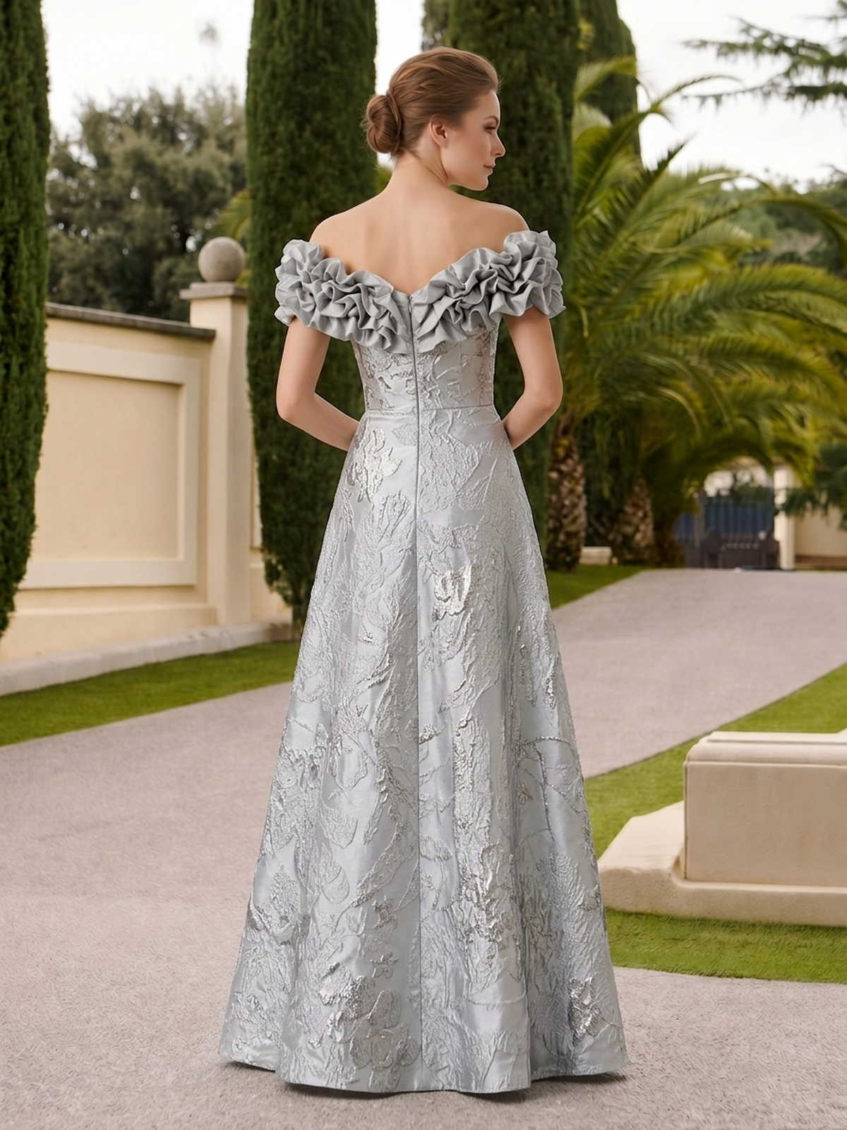 Floral jacquard A-line off-shoulder floor-length evening dress back view with ruffle neckline and concealed zipper