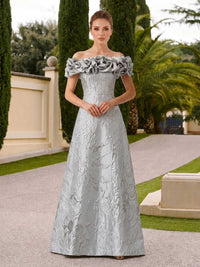 Floral jacquard A-line off-shoulder floor-length evening dress front view with sculptural ruffle neckline