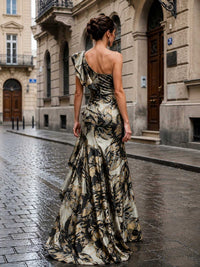 Floral jacquard A-line one-shoulder high-low evening dress back view with layered ruffle and concealed zipper