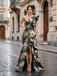 Floral jacquard A-line one-shoulder high-low evening dress front view with cascading ruffles