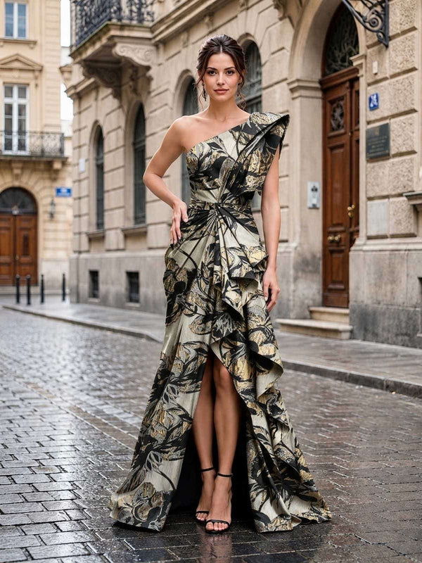 Floral jacquard A-line one-shoulder high-low evening dress front view with cascading ruffles