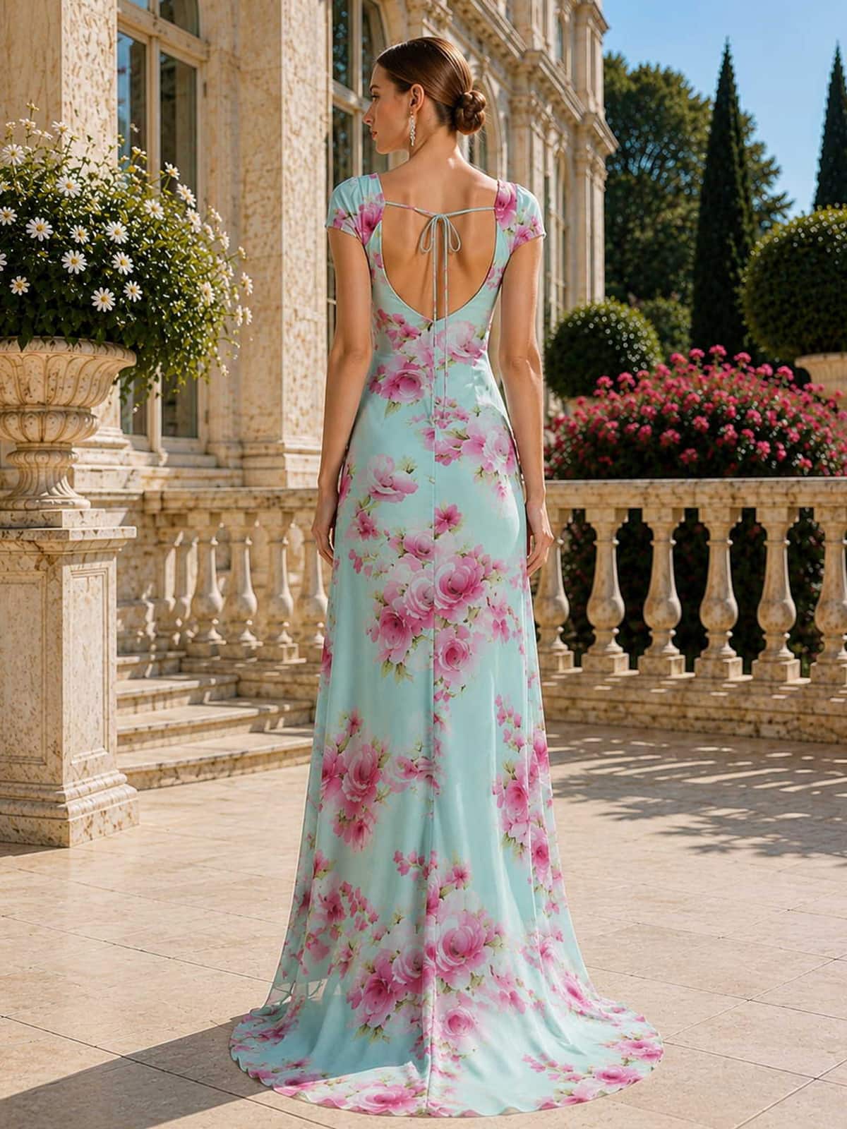 As Pic Color floral chiffon mother of the bride dress back view with open back, tie detail, center back zipper, and floor-length skirt