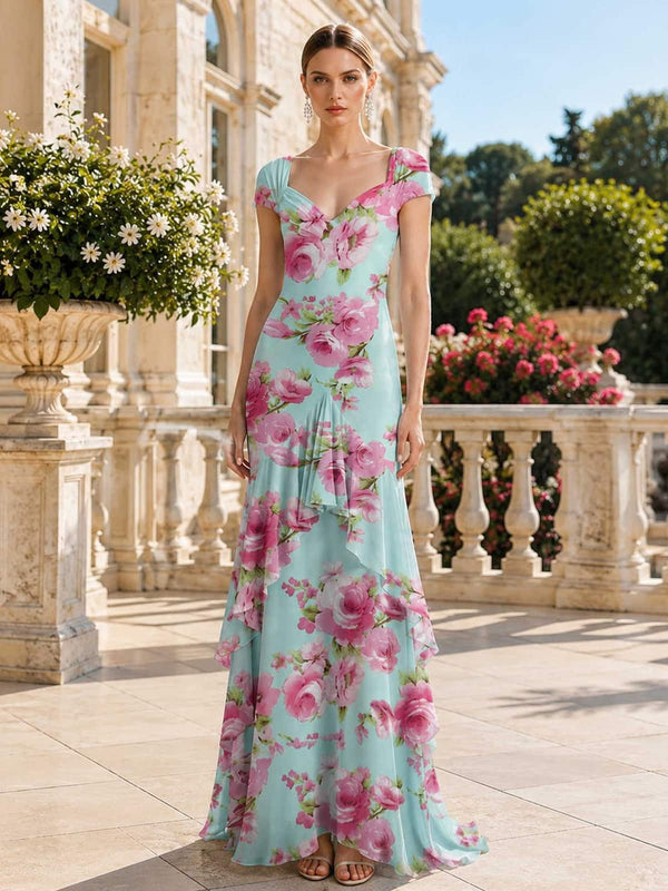 As Pic Color floral chiffon mother of the bride dress front view with sweetheart neckline, cap sleeves, cascading ruffle detail, and floor-length skirt
