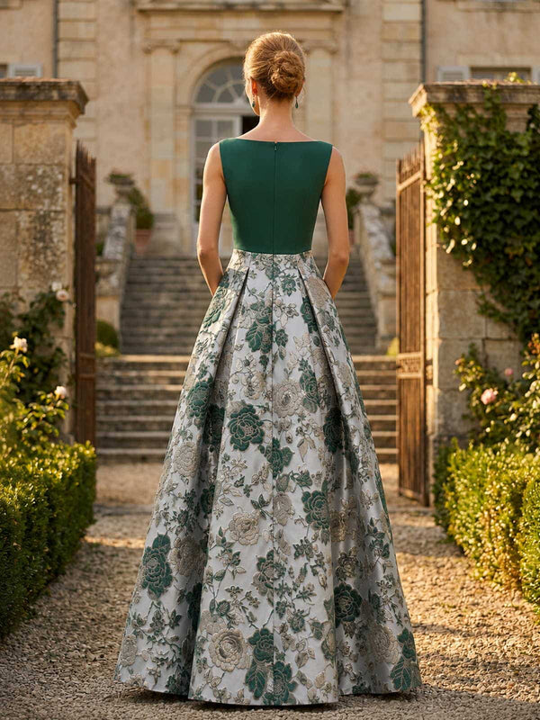 Floral jacquard A-line bateau-neck floor-length evening dress back view with pleated full skirt and concealed zipper