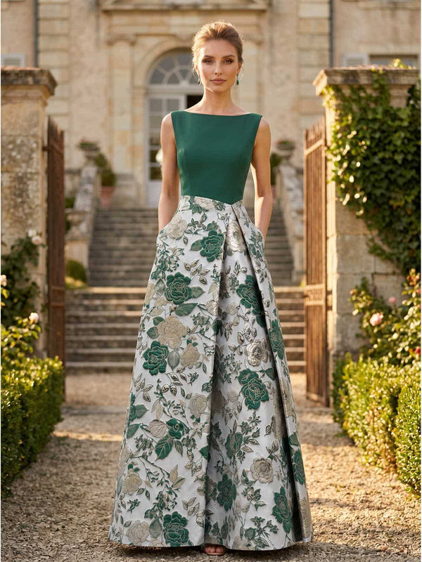 Floral jacquard A-line bateau-neck floor-length evening dress front view with fitted bodice and pleated full skirt