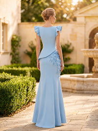 Light blue satin mermaid bateau-neck floor-length evening dress back view with ruffle sleeves and floral applique