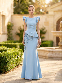 Light blue satin mermaid bateau-neck floor-length evening dress front view with floral applique and asymmetric peplum