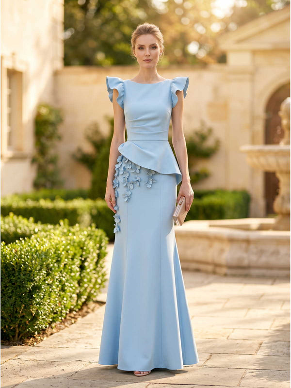 Light blue satin mermaid bateau-neck floor-length evening dress front view with floral applique and asymmetric peplum