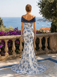 Floral jacquard mermaid off-shoulder floor-length evening dress back view with draped neckline and sweep train