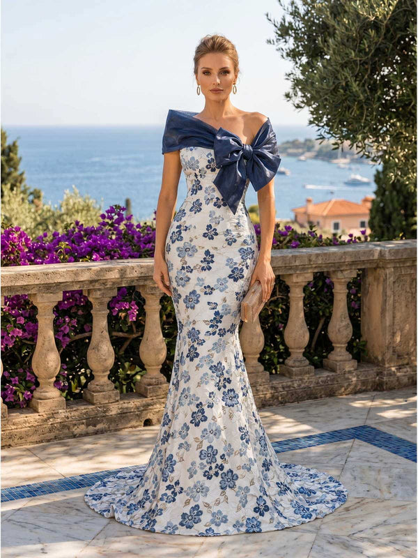 Floral jacquard mermaid off-shoulder floor-length evening dress front view with oversized bow and sweep train