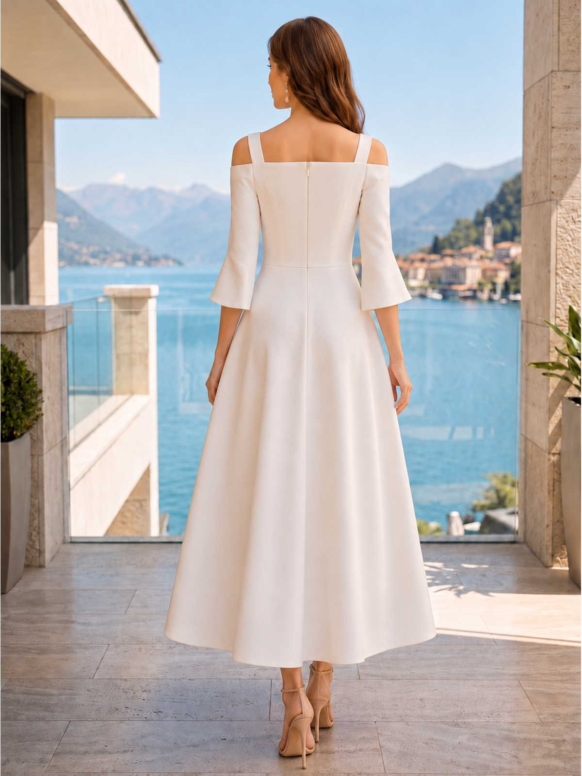 Ivory satin A-line square-neck tea-length evening dress back view with shoulder straps, flared sleeves, and concealed zipper