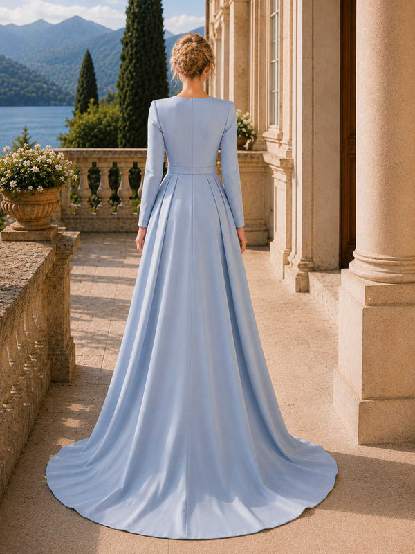 Floral jacquard satin A-line square-neck floor-length evening dress back view with pleated overskirt and sweep train