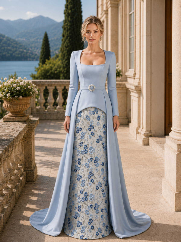 Floral jacquard satin A-line square-neck floor-length evening dress front view with split overskirt and jeweled buckle