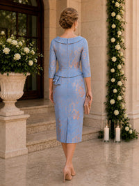 Floral jacquard sheath bateau-neck midi evening dress back view with peplum waist, concealed zipper, and back vent