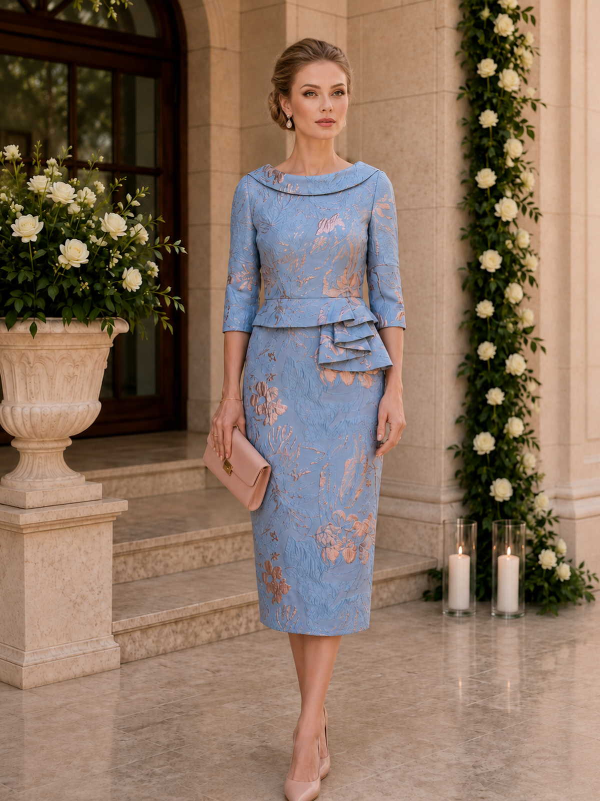 Floral jacquard sheath bateau-neck midi evening dress front view with three-quarter sleeves and layered peplum