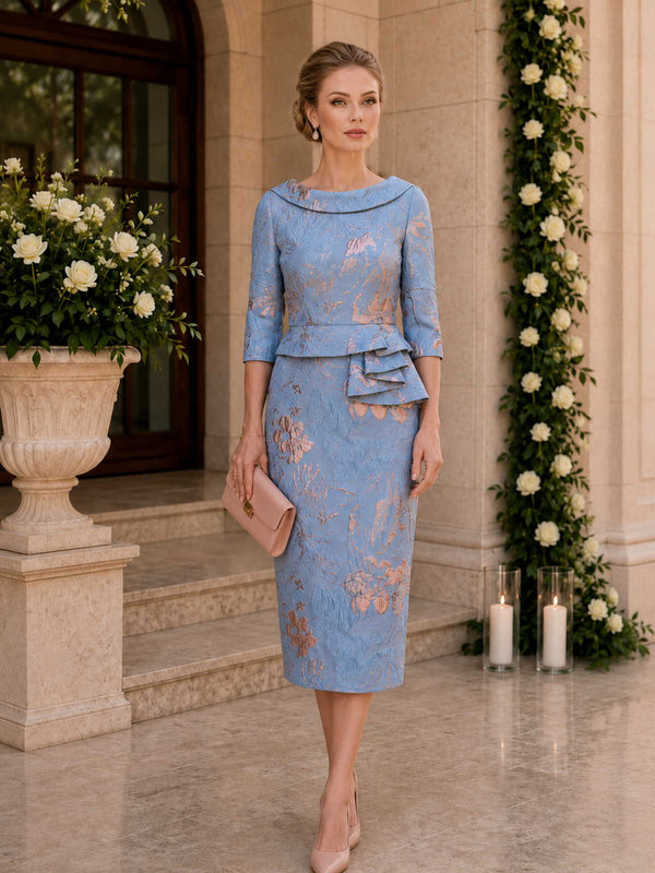 Floral jacquard sheath bateau-neck midi evening dress front view with three-quarter sleeves and layered peplum