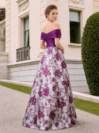 Floral jacquard satin A-line off-shoulder floor-length evening dress front view with draped bodice and full skirt