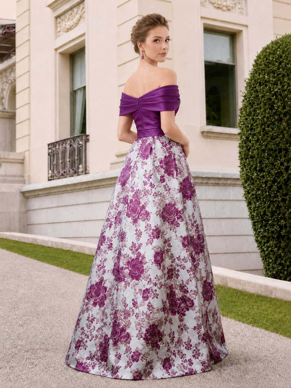 Floral jacquard satin A-line off-shoulder floor-length evening dress front view with draped bodice and full skirt