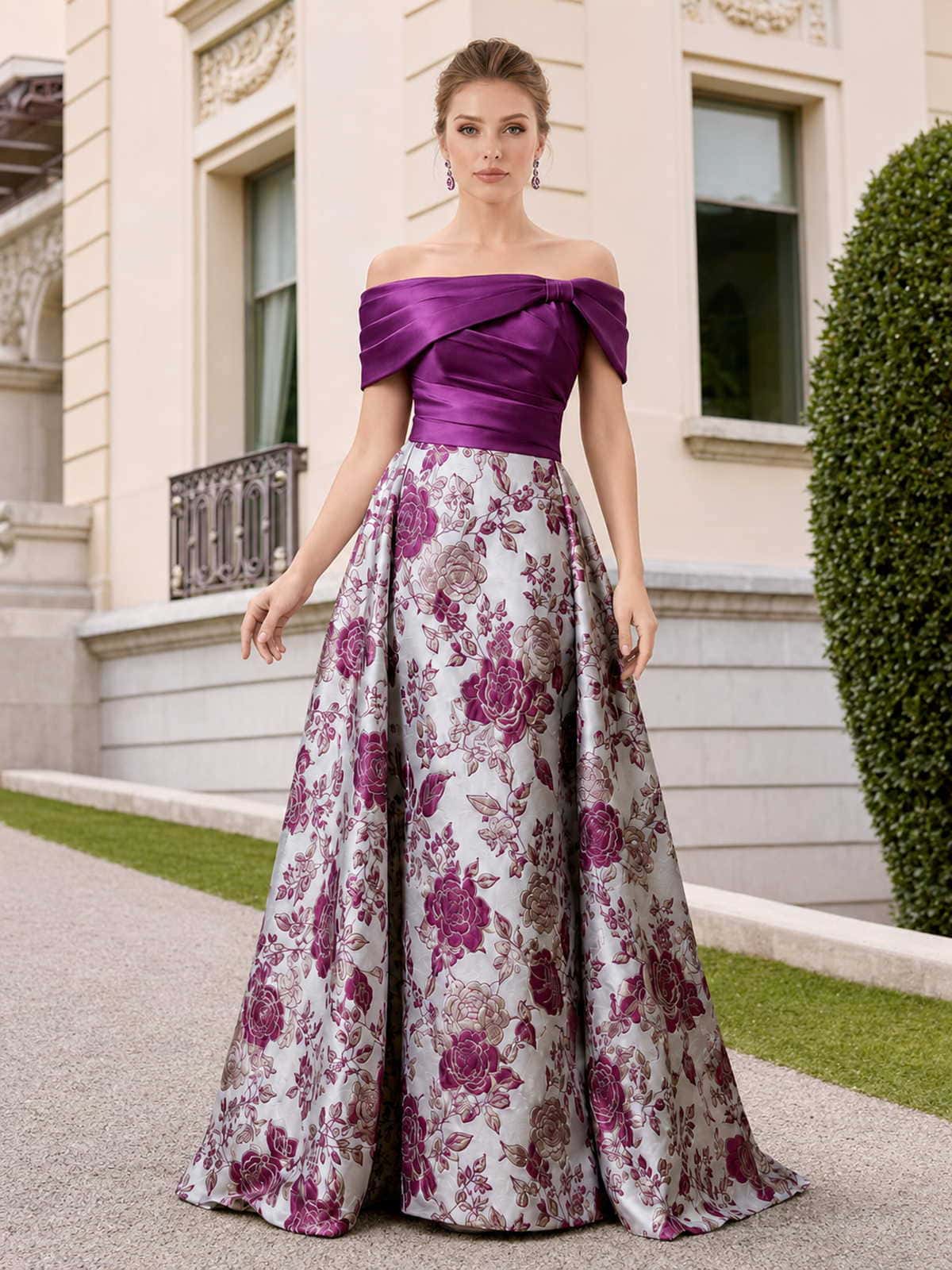 Floral jacquard satin A-line off-shoulder floor-length evening dress front view with draped bodice and full skirt