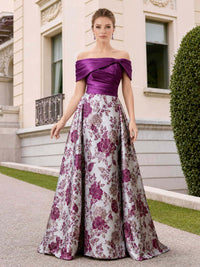 Floral jacquard satin A-line off-shoulder floor-length evening dress front view with draped bodice and full skirt