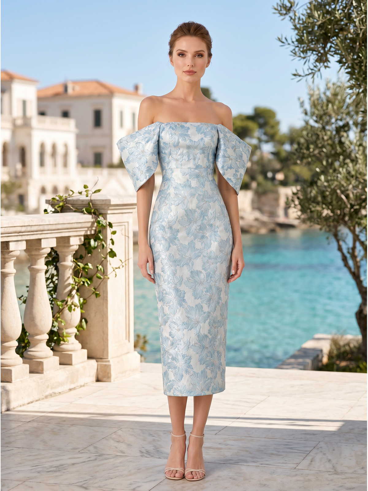 Floral jacquard sheath off-shoulder midi evening dress front view with sculptural folded sleeves