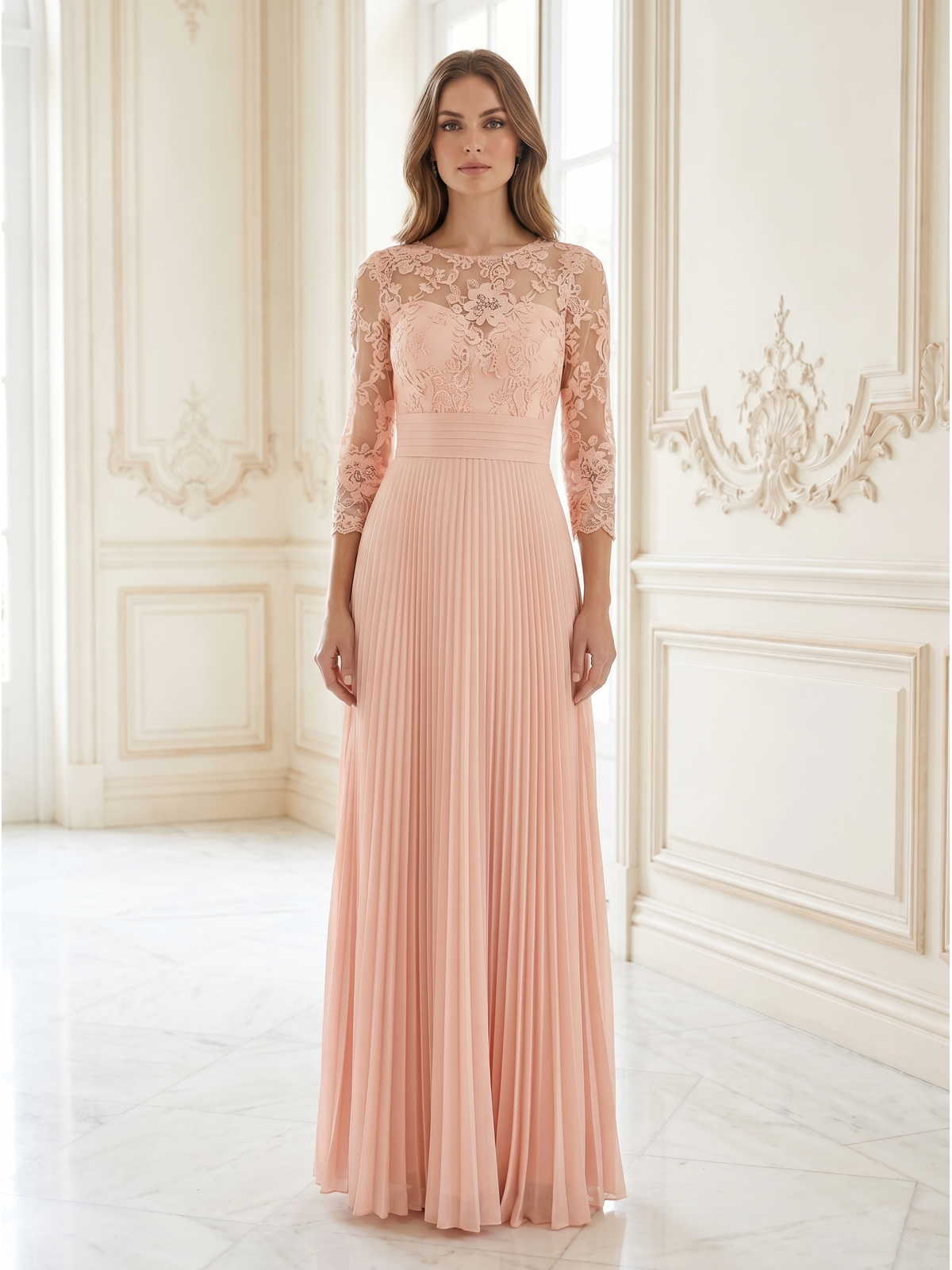 Blush pink lace chiffon A-line bateau-neck floor-length evening dress front view with three-quarter sleeves and pleated skirt