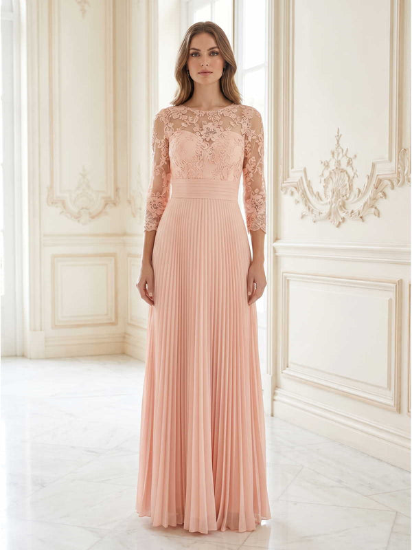 Blush pink lace chiffon A-line bateau-neck floor-length evening dress front view with three-quarter sleeves and pleated skirt