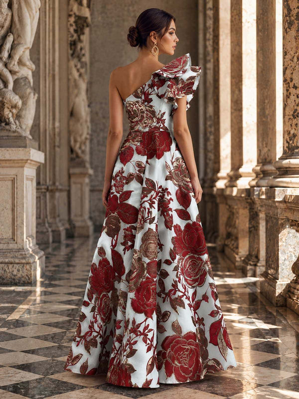 Floral jacquard A-line one-shoulder floor-length evening dress back view with sculptural shoulder ruffle and concealed zipper