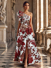 Floral jacquard A-line one-shoulder floor-length evening dress front view with sculptural ruffle and front slit