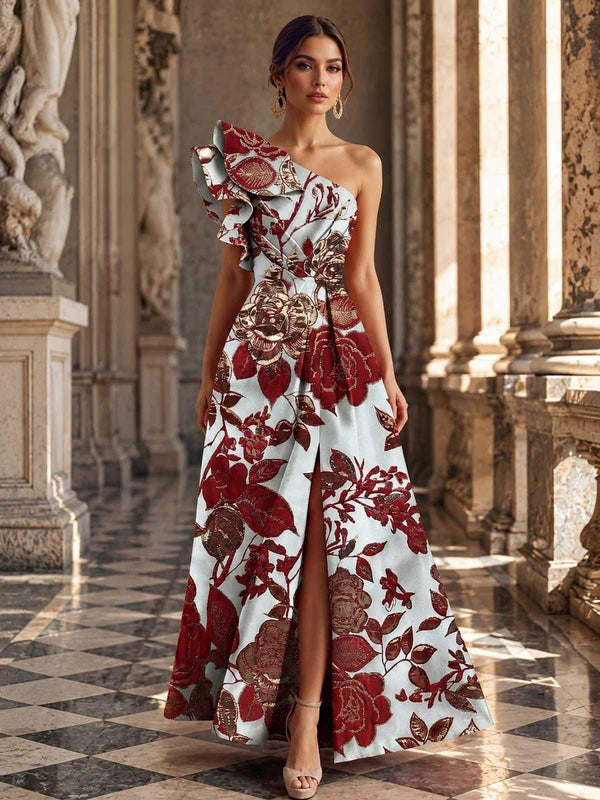 Floral jacquard A-line one-shoulder floor-length evening dress front view with sculptural ruffle and front slit