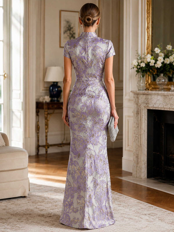 Floral jacquard column mandarin-collar floor-length evening dress back view with fitted waist and concealed zipper