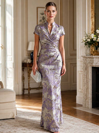 Floral jacquard column mandarin-collar V-neck floor-length evening dress front view with short sleeves and ruched wrap bodice
