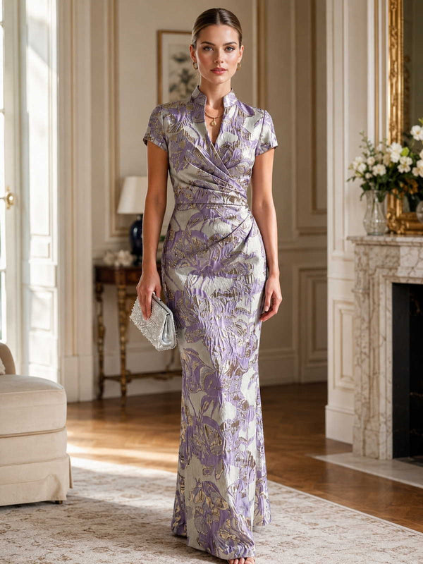 Floral jacquard column mandarin-collar V-neck floor-length evening dress front view with short sleeves and ruched wrap bodice