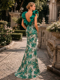 Floral jacquard column floor-length evening dress back view with deep V-back, layered ruffle shoulders, and concealed zipper