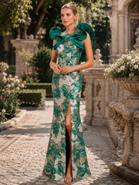 Floral jacquard column round-neck floor-length evening dress front view with sculptural ruffle shoulders and front slit