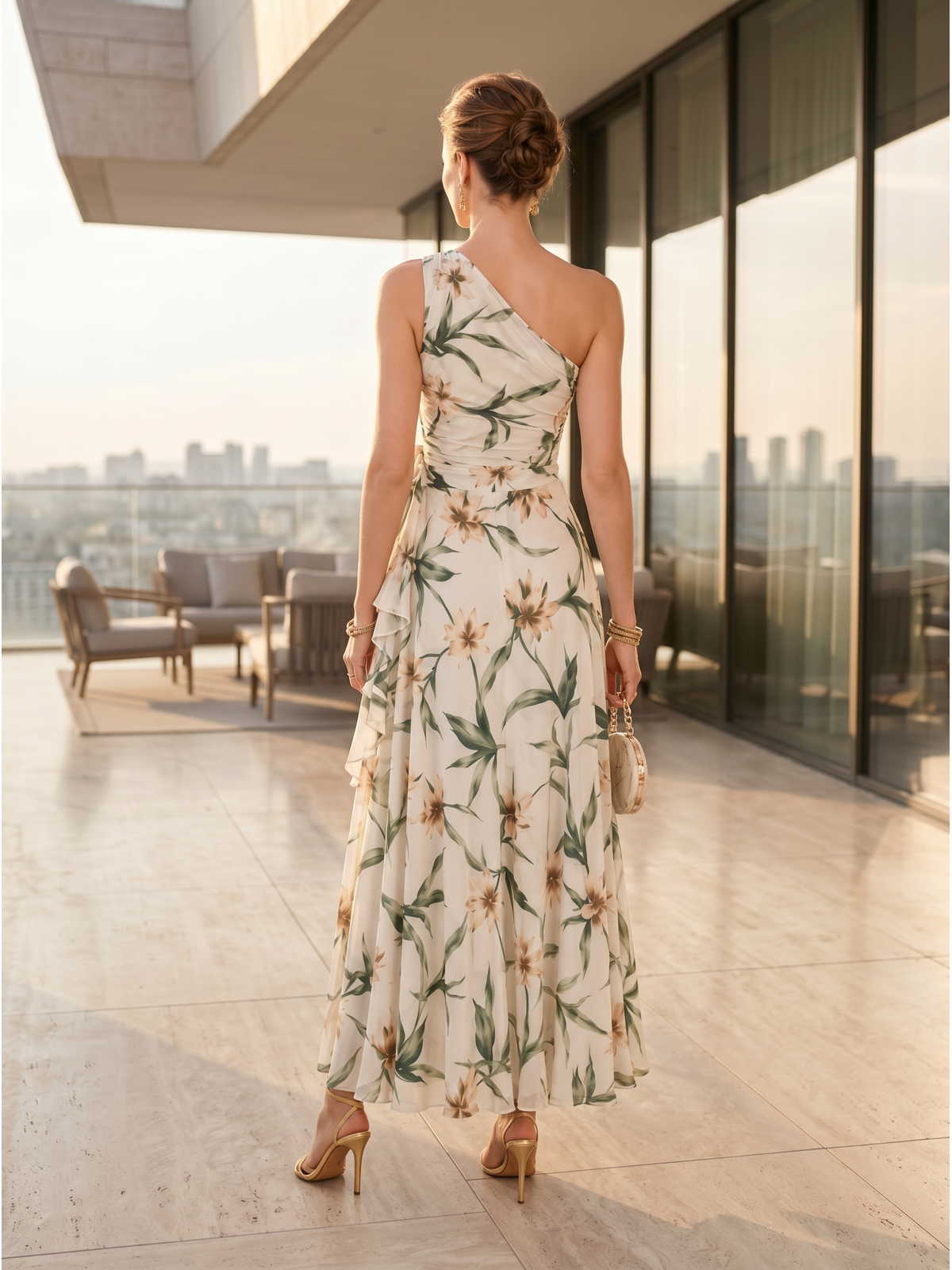Floral chiffon A-line one-shoulder ankle-length evening dress back view with ruched bodice and cascading side ruffle