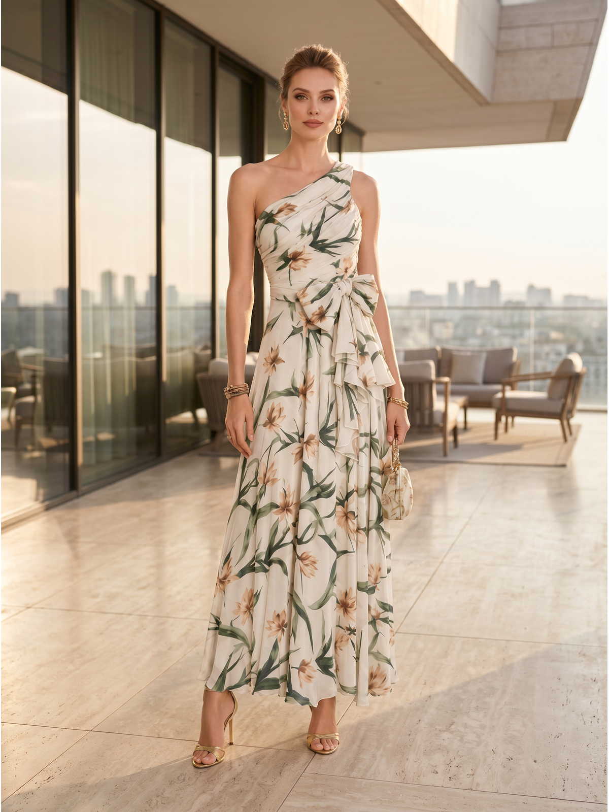 Floral chiffon A-line one-shoulder ankle-length evening dress front view with side knot and cascading ruffle