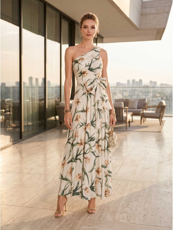 Floral chiffon A-line one-shoulder ankle-length evening dress front view with side knot and cascading ruffle