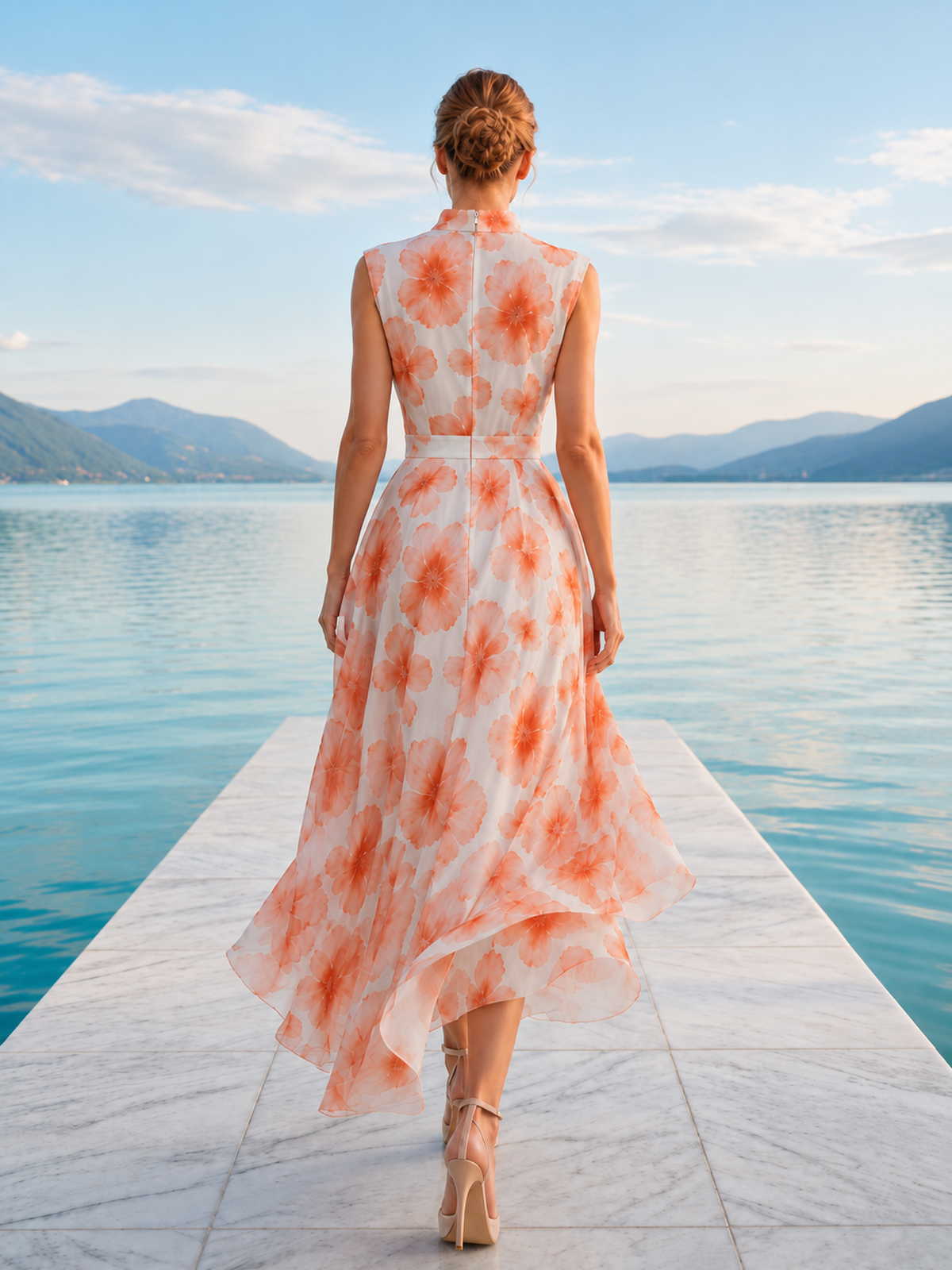 Floral chiffon A-line mock-neck high-low evening dress back view with fitted waist and concealed zipper