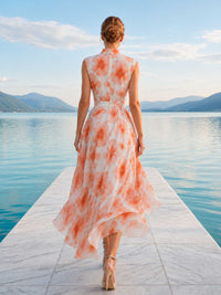 Floral chiffon A-line mock-neck high-low evening dress back view with fitted waist and concealed zipper
