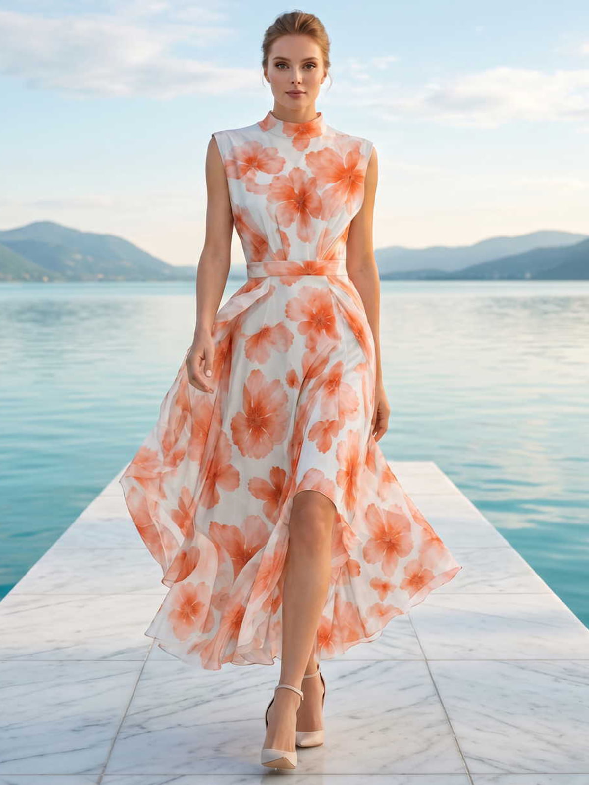 Floral chiffon A-line mock-neck high-low evening dress front view with sleeveless bodice and layered ruffle hem