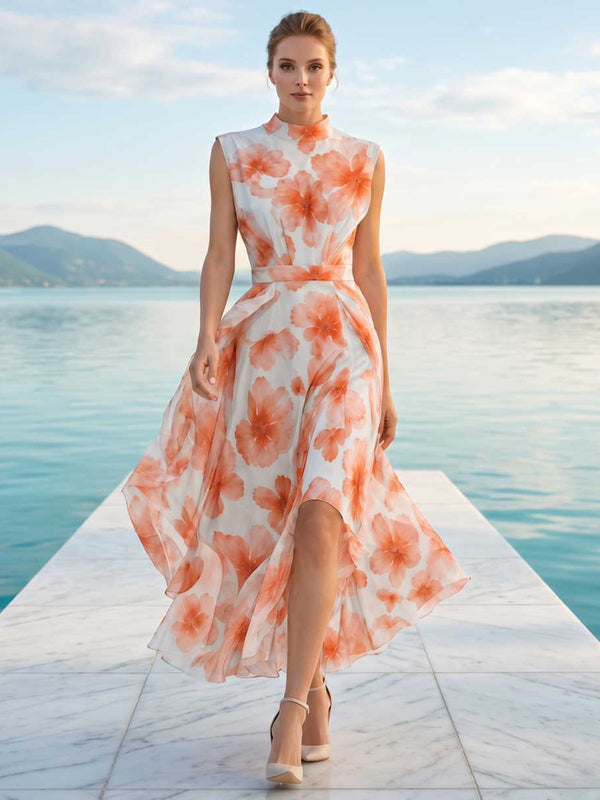 Floral chiffon A-line mock-neck high-low evening dress front view with sleeveless bodice and layered ruffle hem