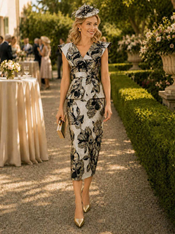 Floral jacquard column V-neck midi evening dress front view with structured cap sleeves, waist belt, and peplum detail