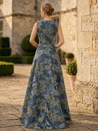 Floral jacquard A-line high-low evening dress back view with fitted waist, floor-length hem, and concealed zipper