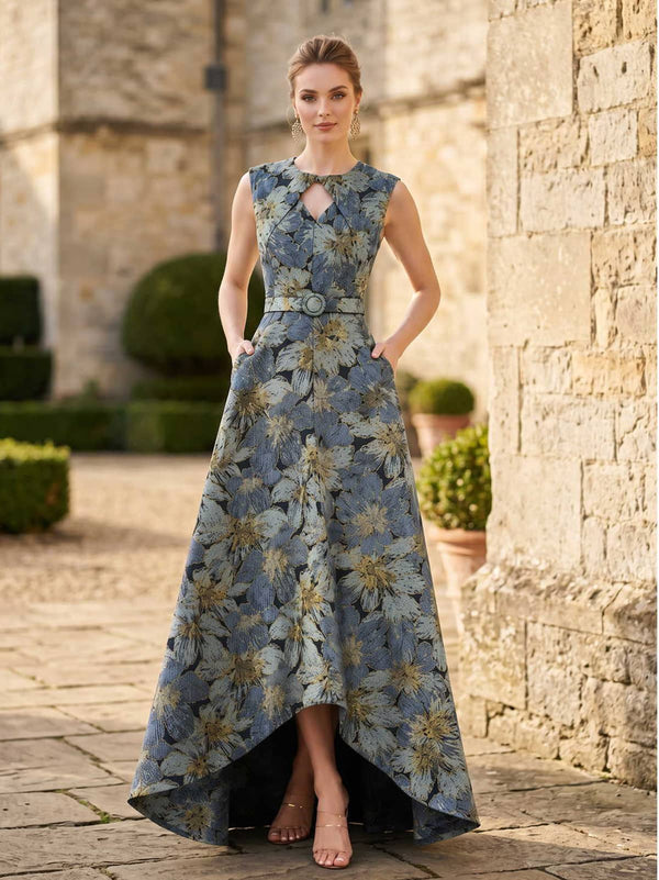 Floral jacquard A-line keyhole-neck high-low evening dress front view with waist belt and side pockets