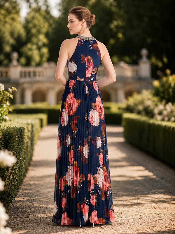 Floral chiffon A-line halter-neck floor-length evening dress back view with fitted bodice, pleated skirt, and concealed zipper