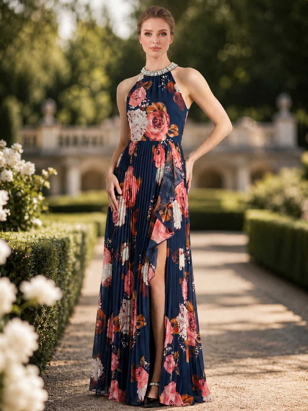 Floral chiffon A-line halter-neck floor-length evening dress front view with embellished neckline, pleated skirt, ruffle detail, and side slit