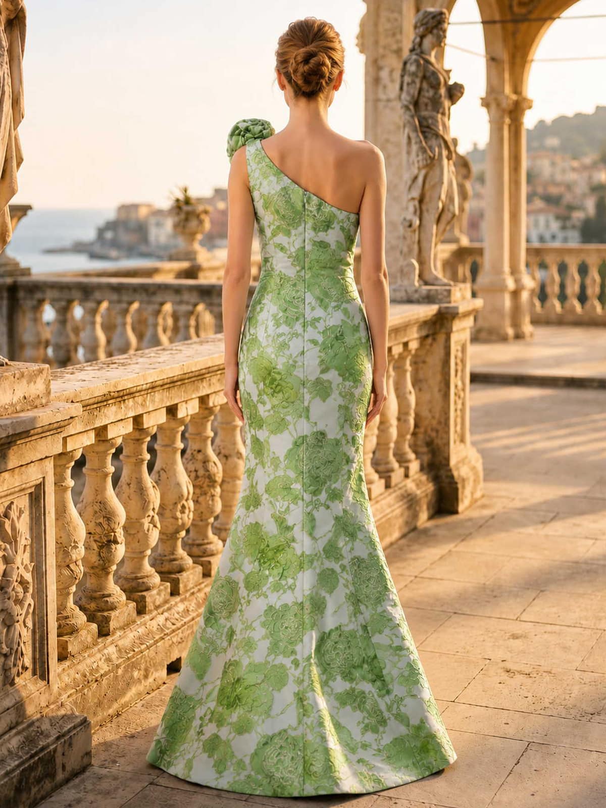 Floral jacquard mermaid one-shoulder floor-length evening dress back view with fitted silhouette, flared hem, and concealed zipper
