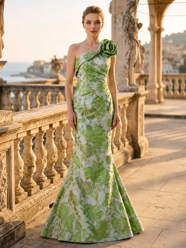 Floral jacquard mermaid one-shoulder floor-length evening dress front view with oversized rosette applique and fitted bodice