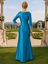 Satin A-line bateau-neck floor-length evening dress back view with feather-trim sleeves, fitted waist, and concealed zipper